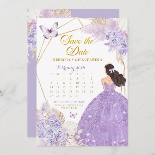 ボホパープルバタフライXV日付カレンダーを保存 招待状 (正面/裏面)