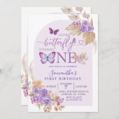 ボホパープルフローラとバタフライアーチ誕生日 招待状 (正面/裏面)