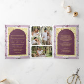 ボホパープルフローラオールインワン金ゴールドインディアン結婚 三つ折り招待状 (内部)