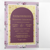 ボホパープルフローラオールインワン金ゴールドインディアン結婚 三つ折り招待状 (内部最初)
