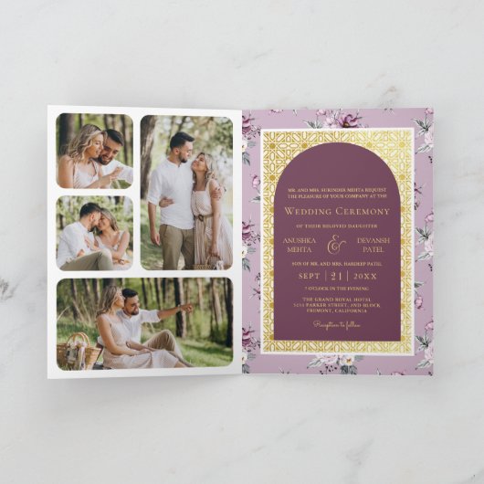 ボホパープルフローラオールインワン金ゴールドインディアン結婚 招待状 (内部)