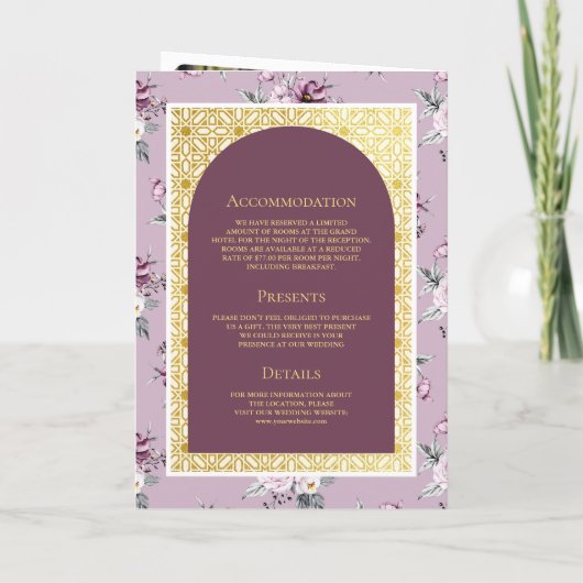 ボホパープルフローラオールインワン金ゴールドインディアン結婚 招待状 (裏面)