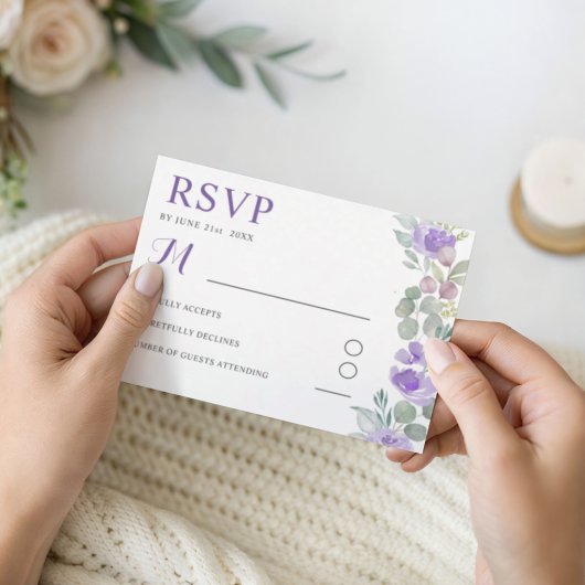 ボホパープルフローラユーカリ結婚式RSVP 出欠カード