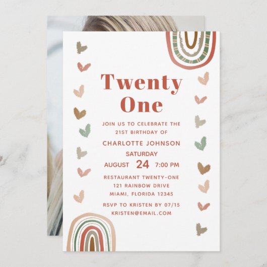 ボホパープルレインボーモダン21歳の誕生日パーティー 招待状 (正面/裏面)