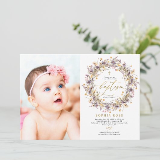 ボホパープルワイルドフラワーフォトバプテスマ招待状 招待状 (スタンド正面)