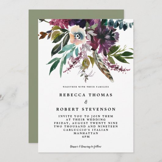 ボホパープル羽毛フローラヤブフラワー結婚ズ 招待状 (正面/裏面)