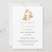 ボホパームバラ赤面ピンクフローラクロス《キリスト教》洗礼式や命名式 招待状 (正面)