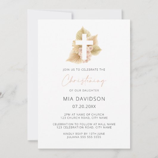 ボホパームバラ赤面ピンクフローラクロス《キリスト教》洗礼式や命名式 招待状 (正面)