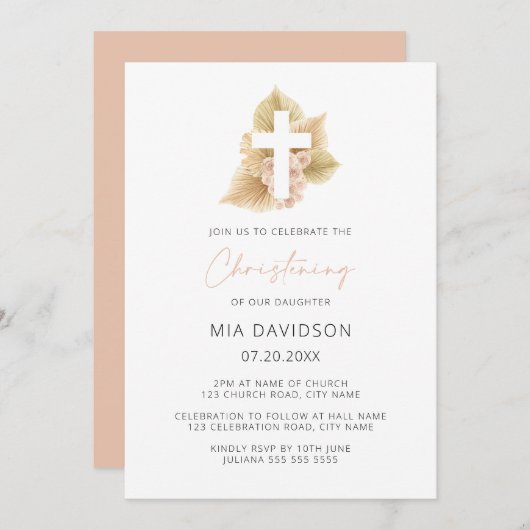 ボホパームバラ赤面ピンクフローラクロス《キリスト教》洗礼式や命名式 招待状 (正面/裏面)