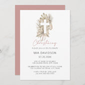 ボホパームピンクウォーターカラーフローラクロス《キリスト教》洗礼式や命名式 招待状 (正面/裏面)