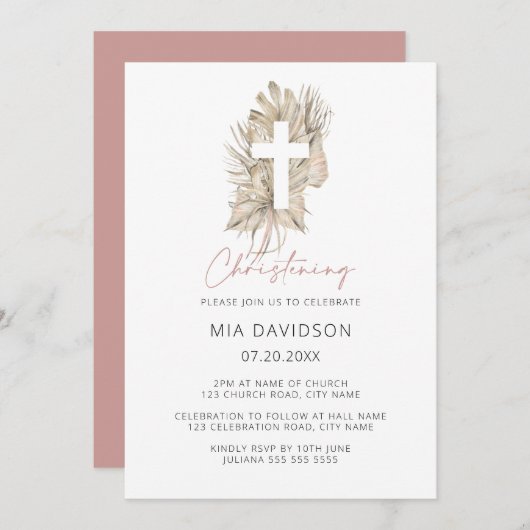 ボホパームピンクウォーターカラーフローラクロス《キリスト教》洗礼式や命名式 招待状 (正面/裏面)