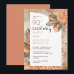ボホパーム葉 |アジサイ90th誕生日パーティー 招待状<br><div class="desc">水お洒落色乾燥ライトテラコッタあじさい及びヤシの葉フローラ90th Birthday Party"女性の誕生日デザイン。複合デザイン別休日ハートデザイン（権利留保）。</div>