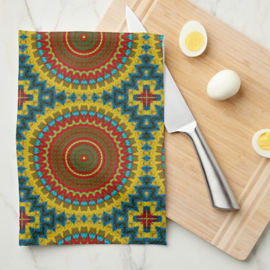 ボホヒッパイレッドイエローブルーヴィンテージ部族 キッチンタオル (四つ折り)