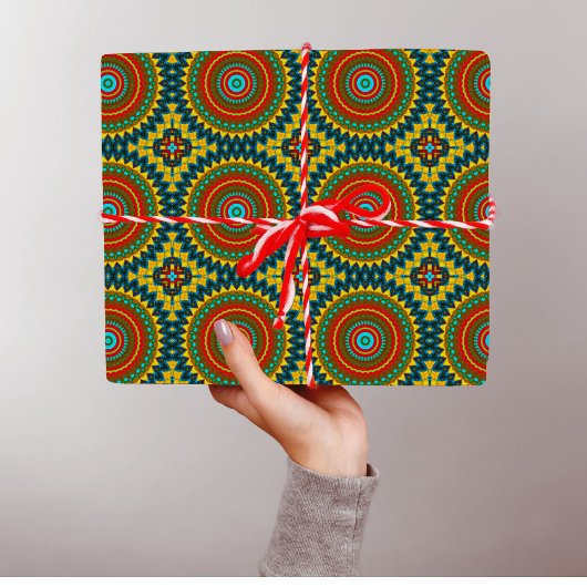 ボホヒッパイレッドイエローブルーヴィンテージ部族 ラッピングペーパー