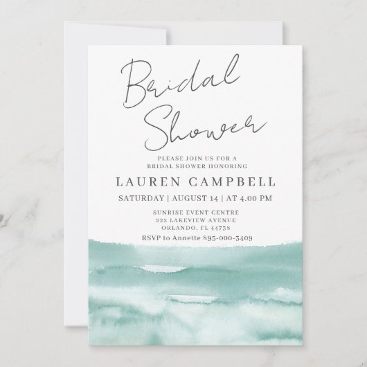 ボホビーチウオーターカラーティール(緑がかった色)ブルーブライダルシャワー 招待状 (正面)