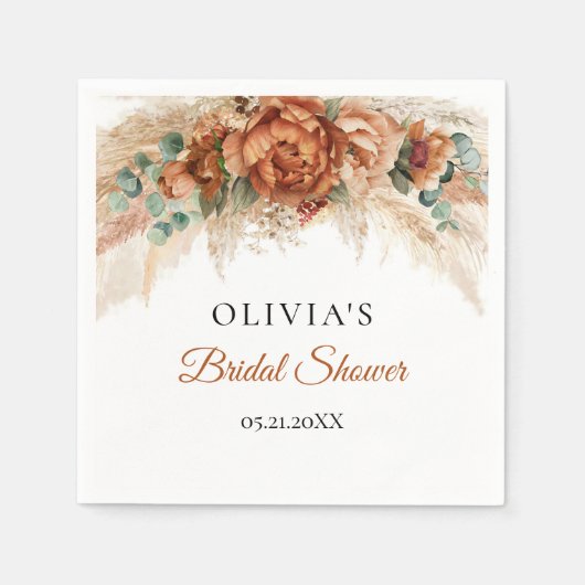 ボホビーチテラコッタパンパスグリーンブライダルシャワー スタンダードカクテルナプキン (正面)