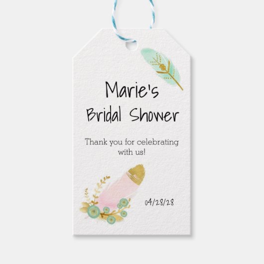 ボホピンクと金ゴールドの羽 ギフトタグ (正面)