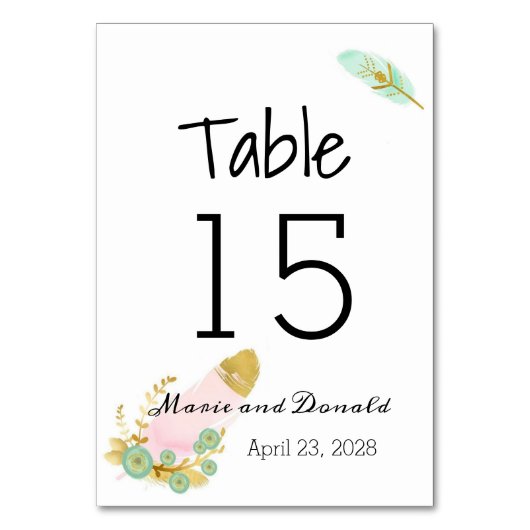 ボホピンクと金ゴールドの羽 テーブルナンバー (正面)