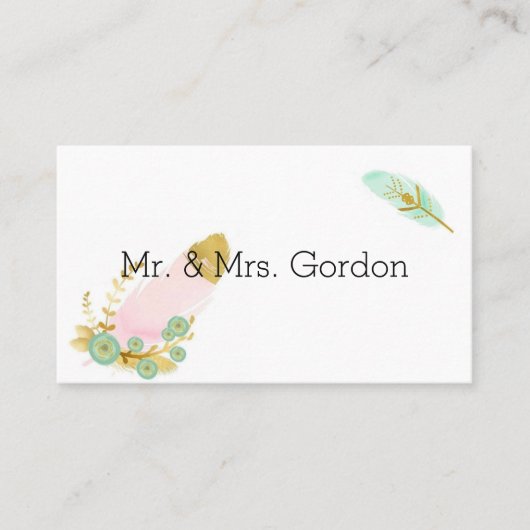 ボホピンクと金ゴールドの羽 プレイスカード (正面)