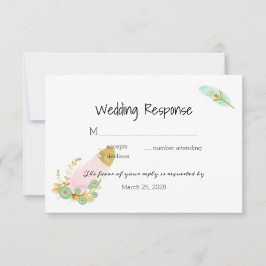 ボホピンクと金ゴールドの羽 出欠カード (正面)