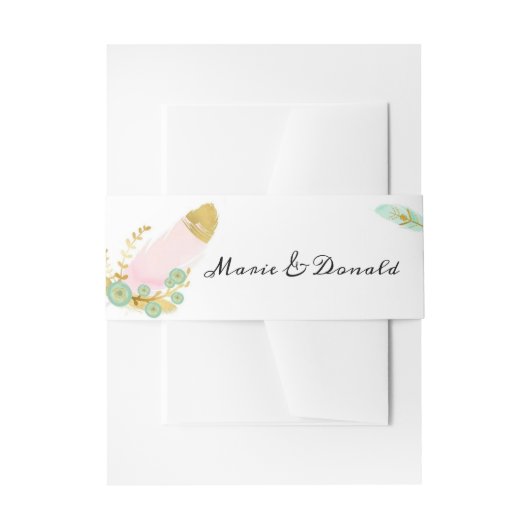 ボホピンクと金ゴールドの羽 招待状ベリーバンド (正面例)