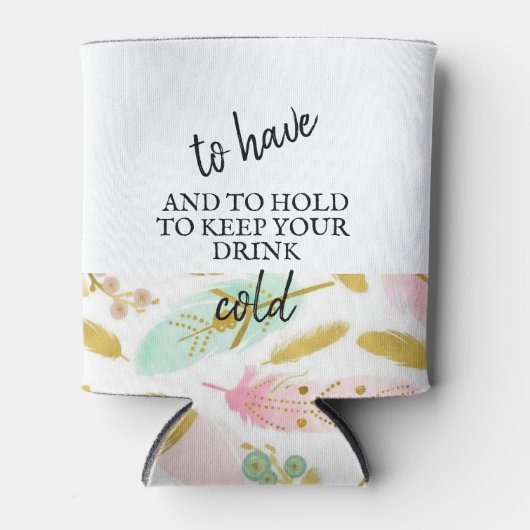 ボホピンクと金ゴールドの羽 缶クーラー (正面)