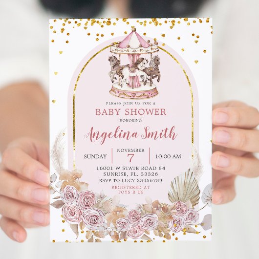 ボホピンクと金ゴールドフローラ回転木馬ベビーシャワー 招待状