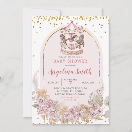 ボホピンクと金ゴールドフローラ回転木馬ベビーシャワー 招待状 (正面)