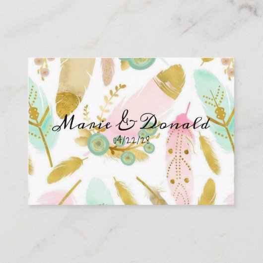 ボホピンクと金ゴールド羽毛アドバイスカード プレイスカード (裏面)