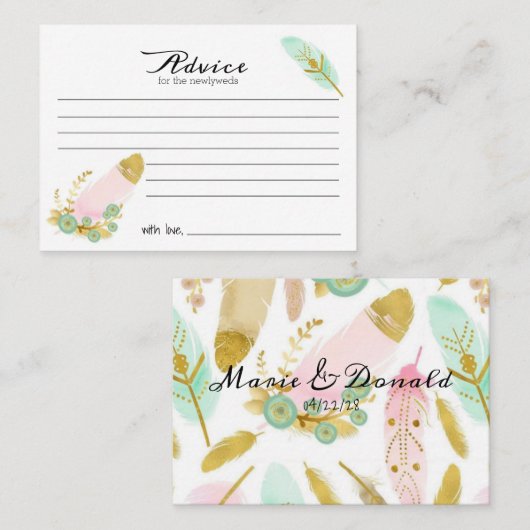 ボホピンクと金ゴールド羽毛アドバイスカード プレイスカード (正面/裏面)