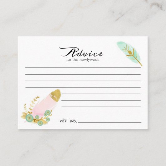 ボホピンクと金ゴールド羽毛アドバイスカード プレイスカード (正面)