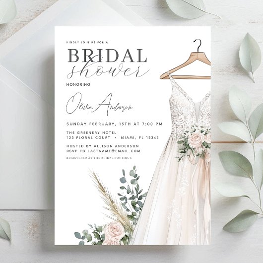 ボホピンクの花と緑のブライダルシャワー 招待状