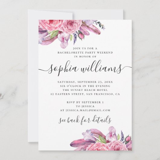 ボホピンクの花と羽のバチェロレッテ 招待状 (正面)