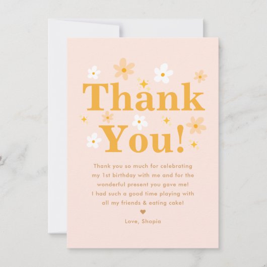 ボホピンクアンドイエローフォトデイジー誕生日 サンキューカード (正面)