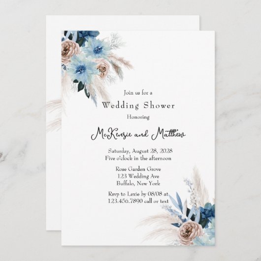 ボホピンクアンドブルーピーオンブーケウェディングシャワー 招待状 (正面/裏面)