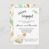 ボホピンクアンド金ゴールドフェザー婚約招待状 (正面/裏面)