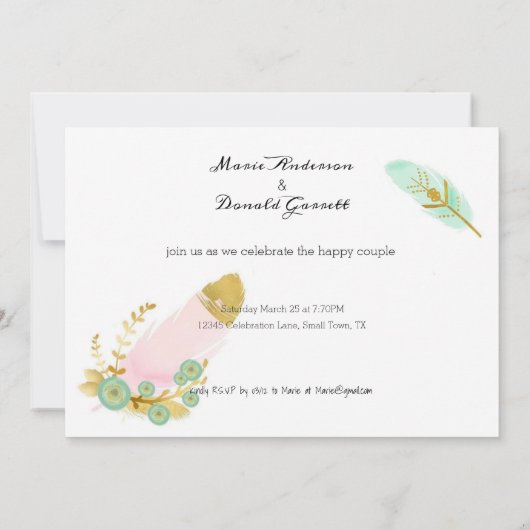 ボホピンクアンド金ゴールド羽毛婚約 案内状 (裏面)