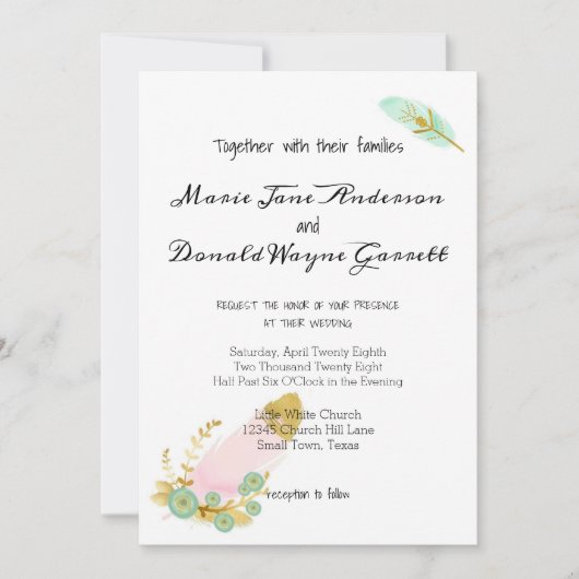 ボホピンクアンド金ゴールド羽毛招待状 セーブザデート (正面)