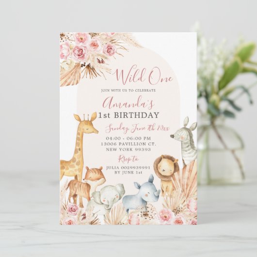 ボホピンクアーチガールサファリファースト誕生日 招待状 (スタンド正面)