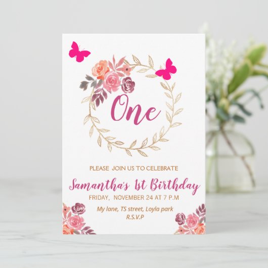 ボホピンクウォーターカラーフローラ第1誕生日 招待状 (スタンド正面)