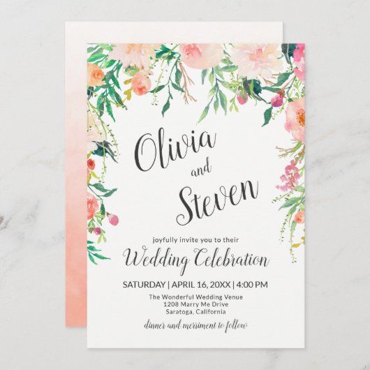 ボホピンクウォーターカラーフローラ結婚式招待状 招待状 (正面/裏面)
