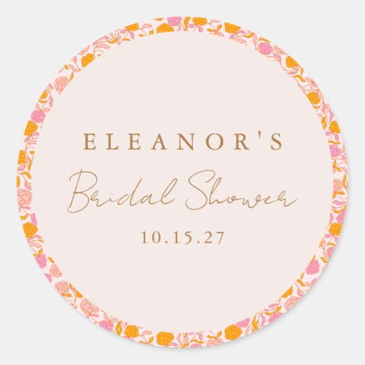 ボホピンクオレンジフローラかわいいブライダルシャワーカスタム ラウンドシール (正面)