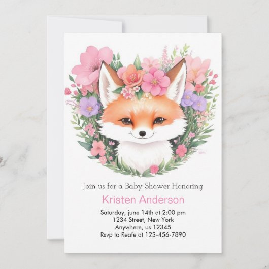 ボホピンクキツネワイルドフラワーガールベビーシャワー 招待状 (正面)
