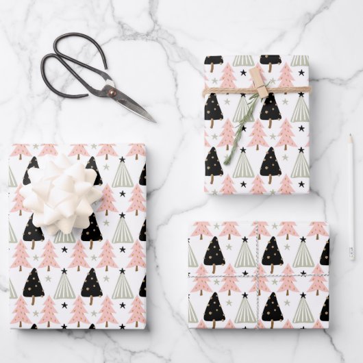 ボホピンクグリーンブラッククリスマスツリーホリデー ラッピングペーパーシート (正面)