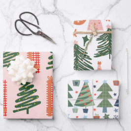 ボホピンクグリーンブルークリスマスツリーズホリデー ラッピングペーパーシート