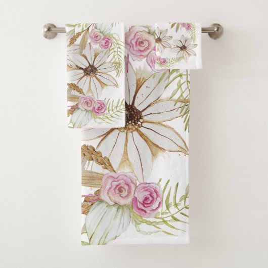 ボホピンクグリーンホワイトブラウンフローラエレガントトレンディー バスタオルセット (インサイチュ)