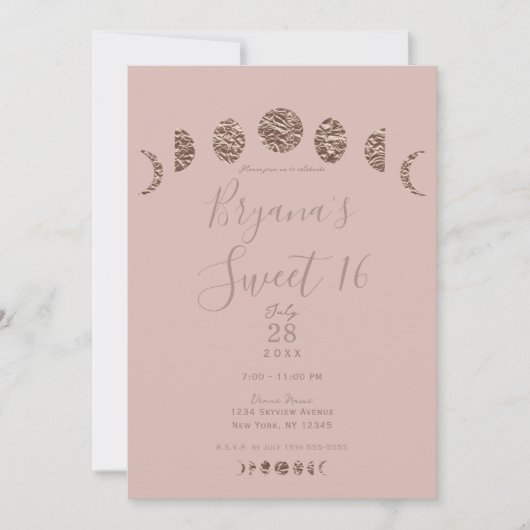 ボホピンクシャインムーンフェイズモダンスウィート16パーティー 招待状 (正面)