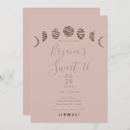 ボホピンクシャインムーンフェイズモダンスウィート16パーティー 招待状 (正面/裏面)