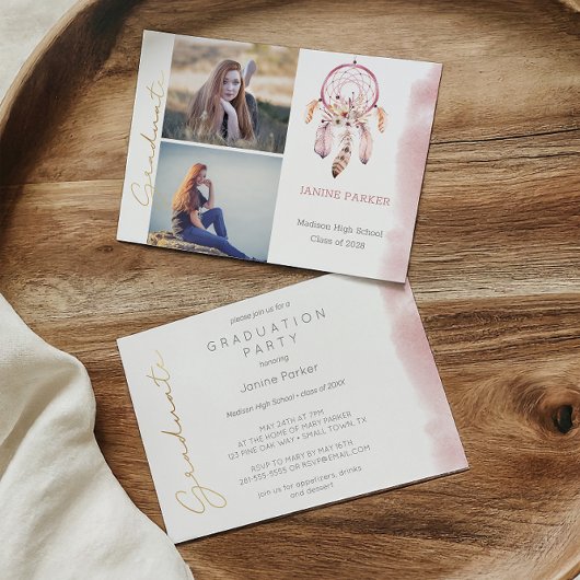 ボホピンクドリームキャッチャー写真卒業パーティー 招待状