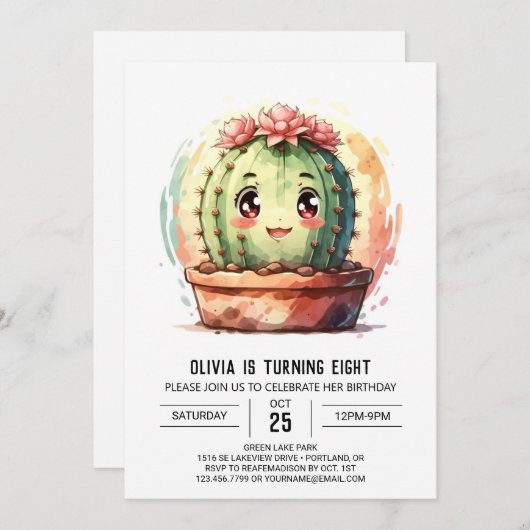 ボホピンクハッピーサボスガール誕生日 招待状 (正面/裏面)